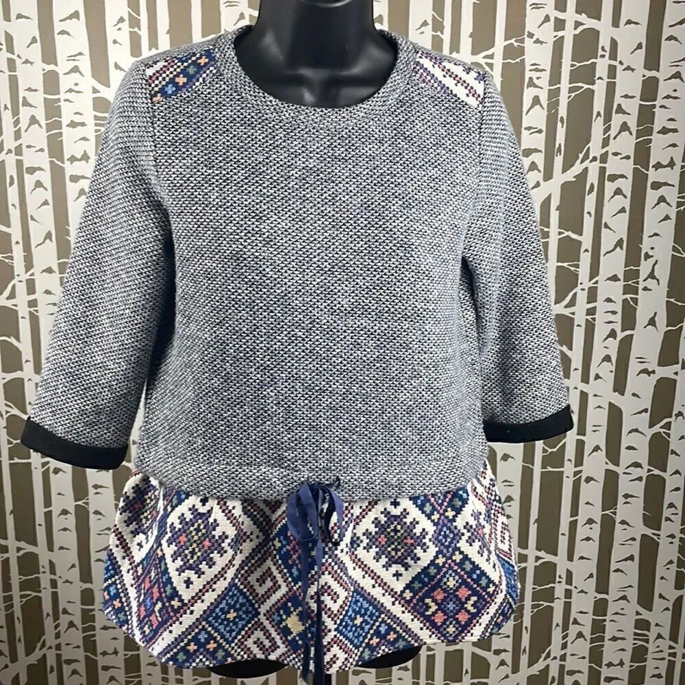 THML 3/4 Sleeve Pullover Tapestry Peplum Hem Velvet Ribbon Top sz XS